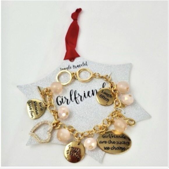 Girlfriend Toggle charm Bracelet Friends Gold faux pearls heart gold blush pink - Picture 6 of 11